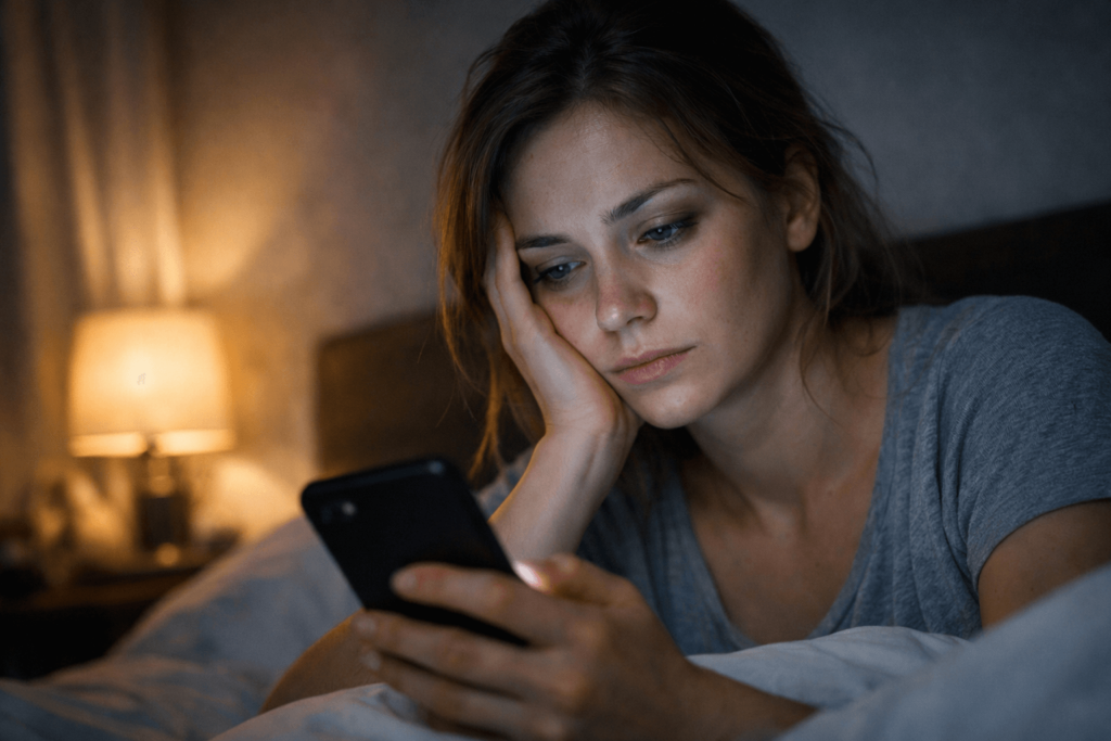 Kobieta zmywająca makijaż z oznakami wyczerpania – beauty burnout i wpływ perfekcyjnego wyglądu na psychikę