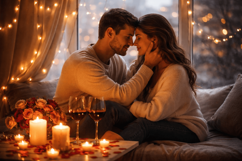Para siedząca blisko siebie przy oknie w ciepłym świetle świec, symbol dojrzałej miłości i bliskości w Walentynki.